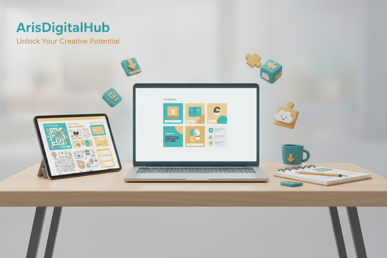 "A wide, professional website hero banner for a digital product store named 'ArisDigitalHub'. The scene shows a clean, modern desk with a laptop displaying colorful Canva templates, a tablet showing a busy book activity, and a notebook with creative sketches. In the background, subtle digital icons like download symbols and puzzle pieces float. The lighting is bright and optimistic. Use a color palette of teal, warm gray, and soft yellow. Style: 3D render, clean and professional